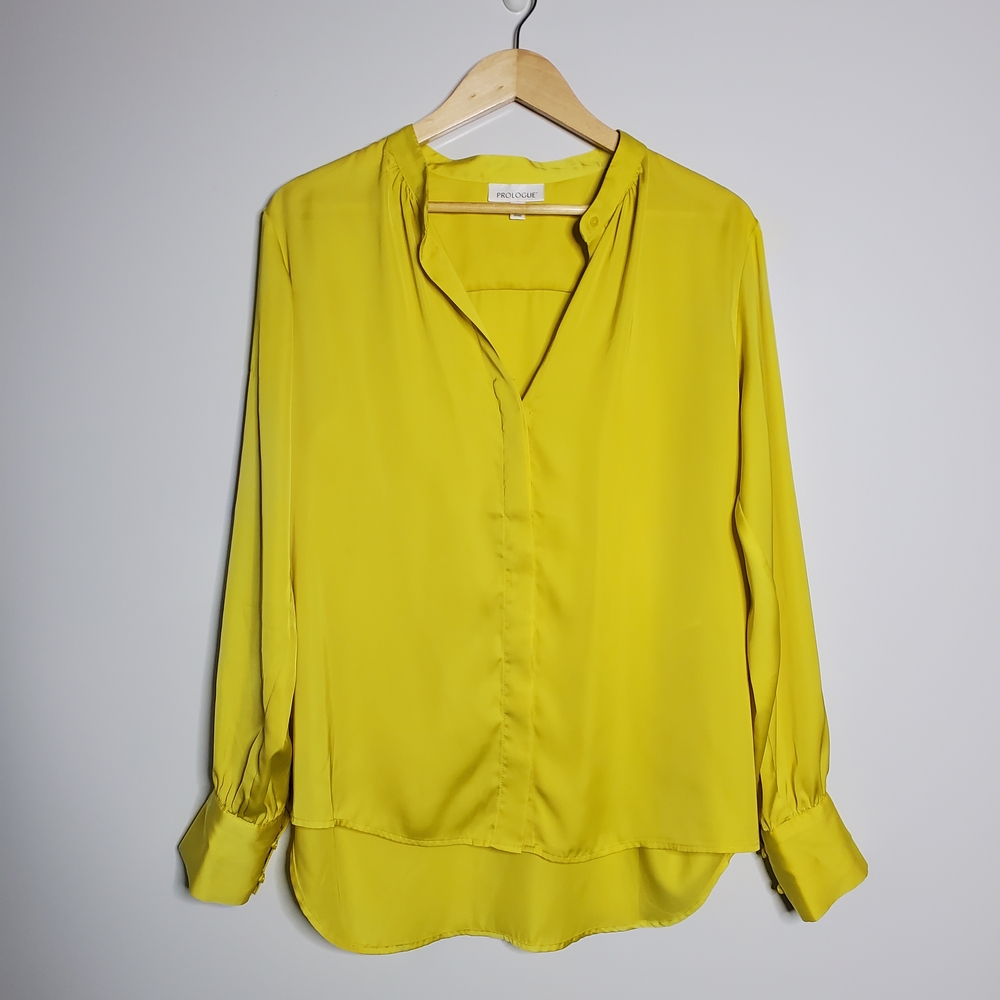 Prologue bright yellow satin button up casual shirt Size Large